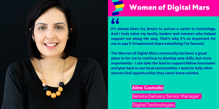 Headshot of and quote from Aline Custodia, Service Delivery Senior Manager of Digital Technologies