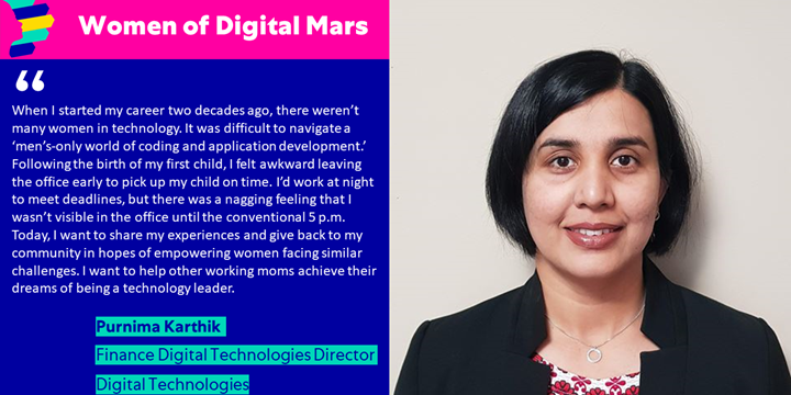 Headshot of and quote from Purnima Karthik, Finance Digital Technologies Director