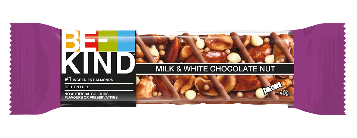 Ein BE-KIND Milk & White Chocolate Nut Riegel