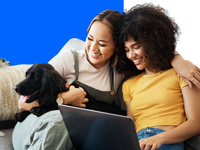 Two women and a dog on a sofa looking at a laptop. The image has text that reads: "Renting with Pets in England". Also visible are the logos for Mars, Battersea, and the Better Cities for Pets program.