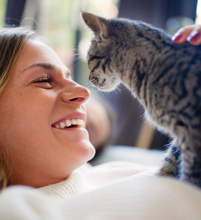 A woman smiling while petting a kitten