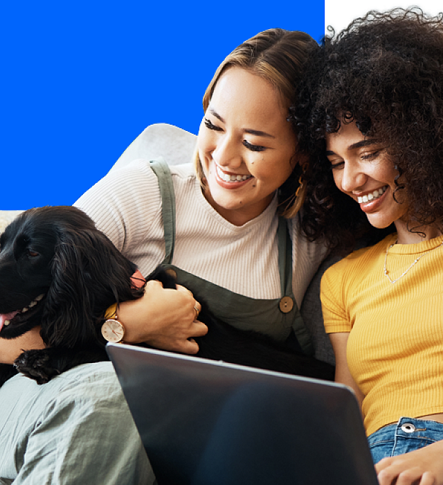Two women and a dog on a sofa looking at a laptop. The image has text that reads: "Renting with Pets in England". Also visible are the logos for Mars, Battersea, and the Better Cities for Pets program.