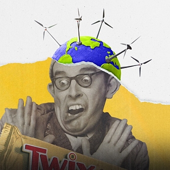 A section of a print ad showing a black and white photo of a man wearing glasses on a yellow background. He is holding his hands up in surprise and shock, looking at a Twix bar. The advert has been ripped through the middle to reveal a globe which replaces the top half of the man’s head. The globe has wind turbines on it which look like antenna.