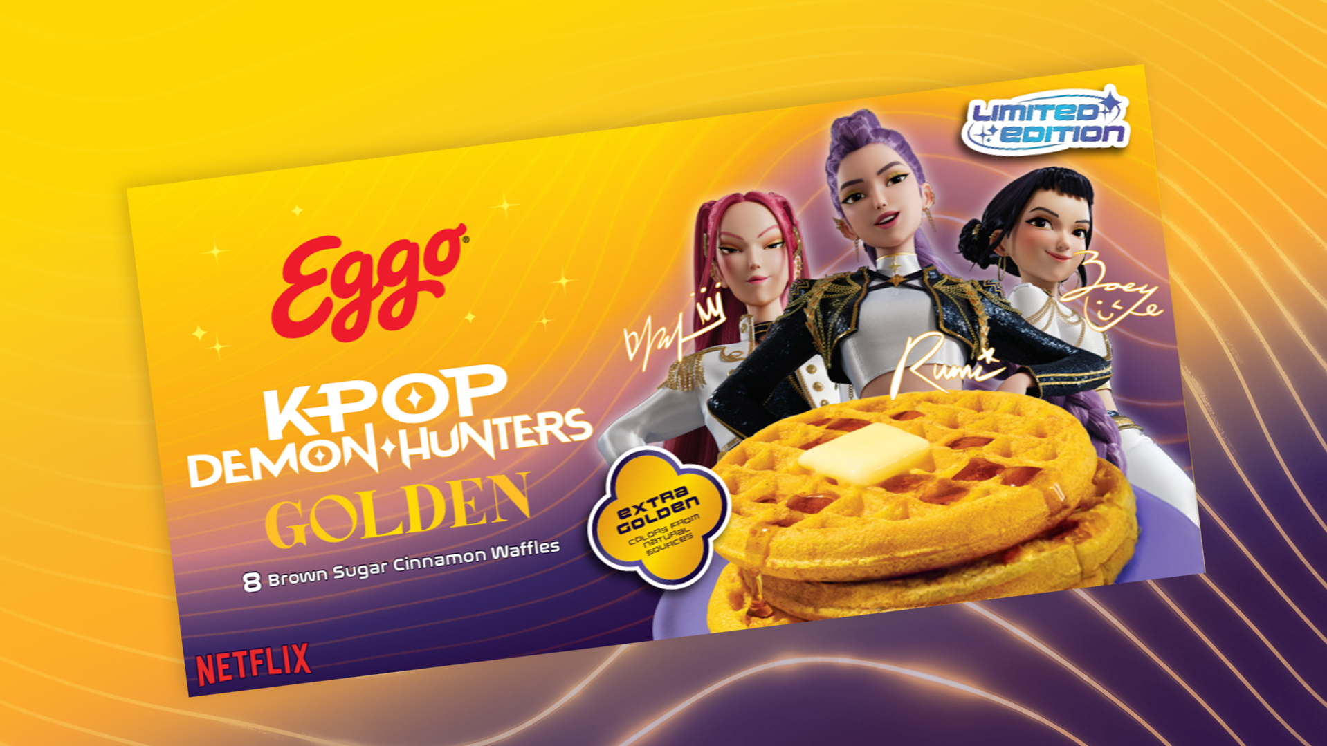 الصورة الترويجية الرسمية لوافل Eggo وKPop Demon Hunters بنكهة Golden Brown Sugar Cinnamon