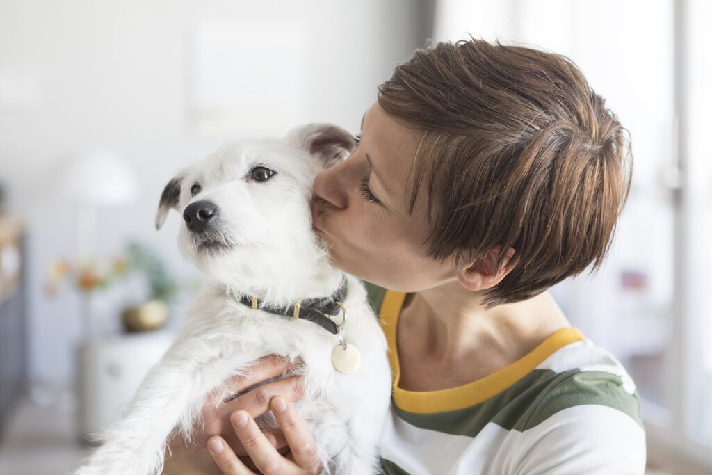A person kissing their dog