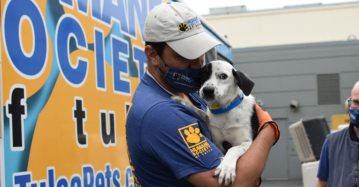 An employee with the Humane Society of Tulsa holds a shelter pet preparing for transport.