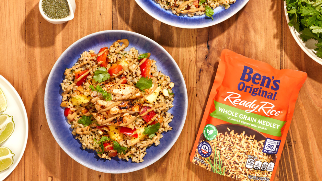 Aerial view of a dinner table with a Ben's Original dish and packaging
