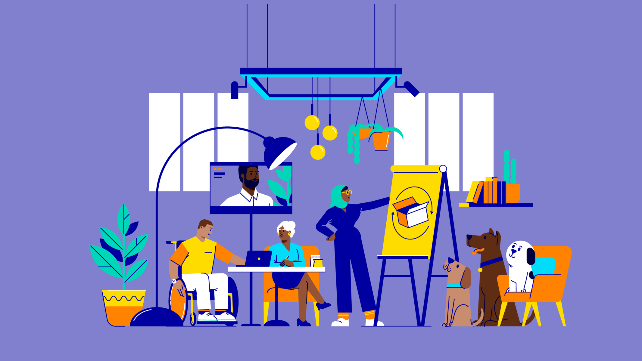 Illustration of coworkers and pets