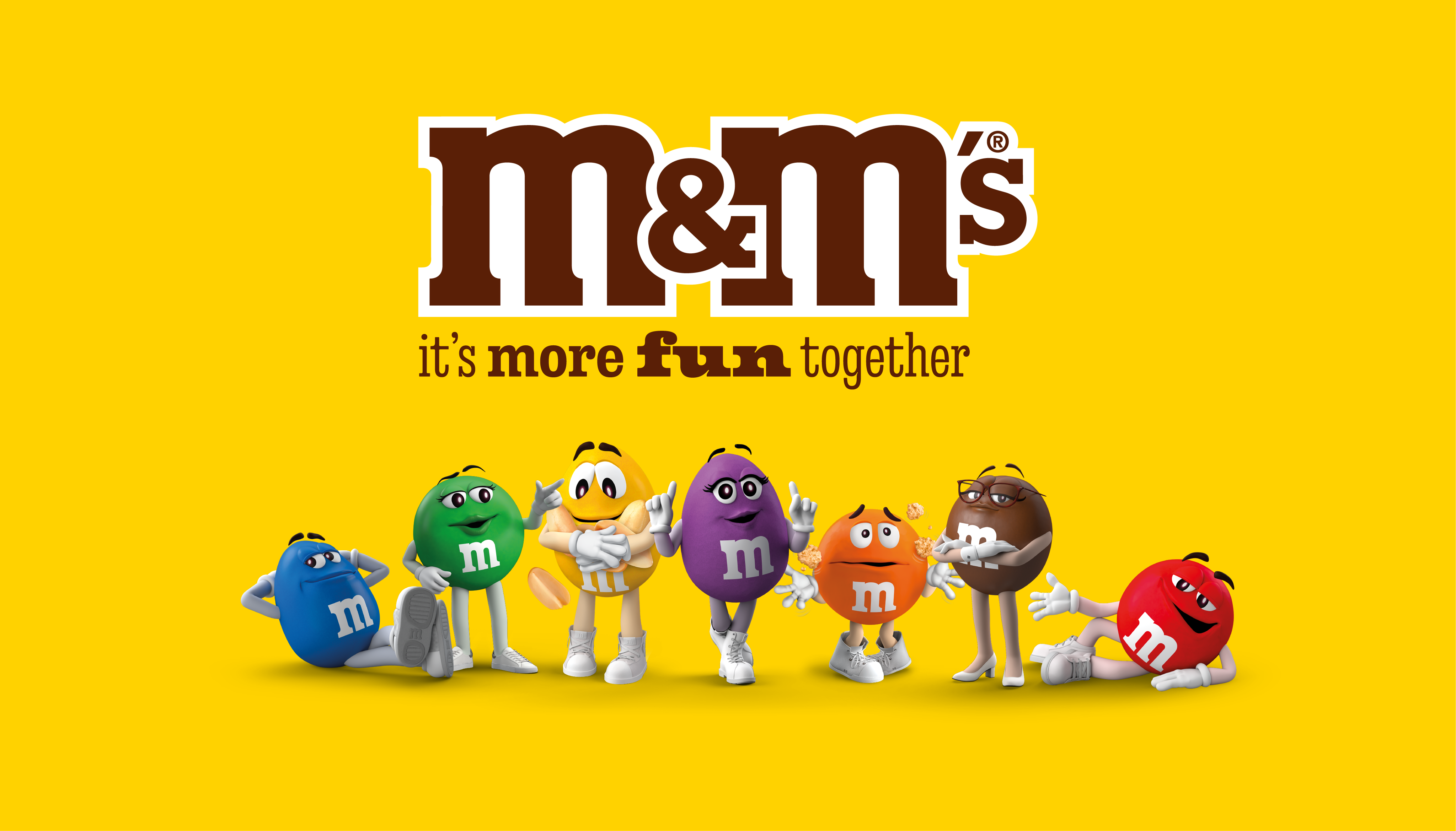 M&M'S character lineup with M&M'S logo and yellow background