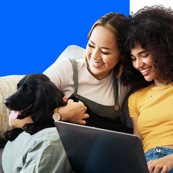 Two women and a dog on a sofa looking at a laptop. The image has text that reads: "Renting with Pets in England". Also visible are the logos for Mars, Battersea, and the Better Cities for Pets program.