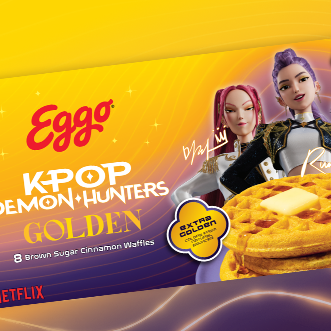 A box of Eggo limited-edition KPop Demon Hunters Golden Brown Sugar Cinnamon Waffles.