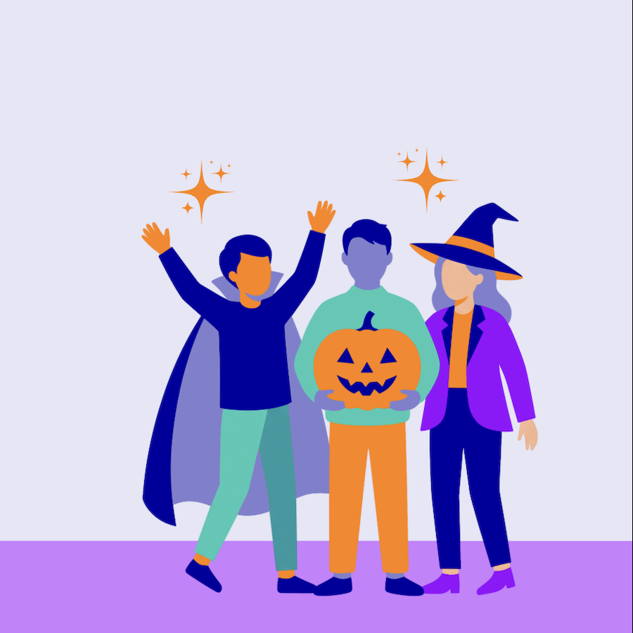 Three people in colorful costumes celebrating Halloween