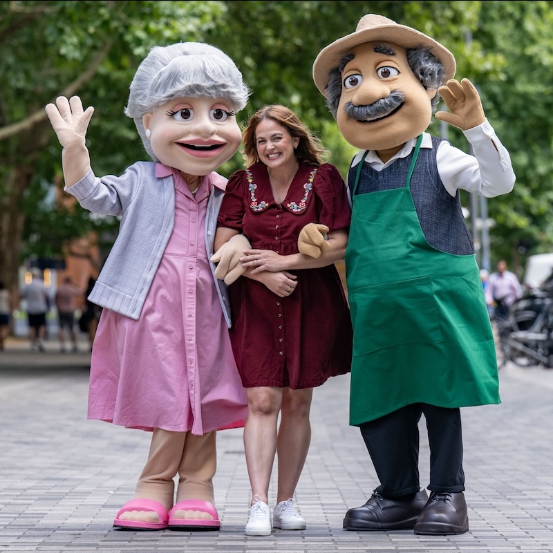 Giovanna Fletcher with Mama and Papa Dolmio.