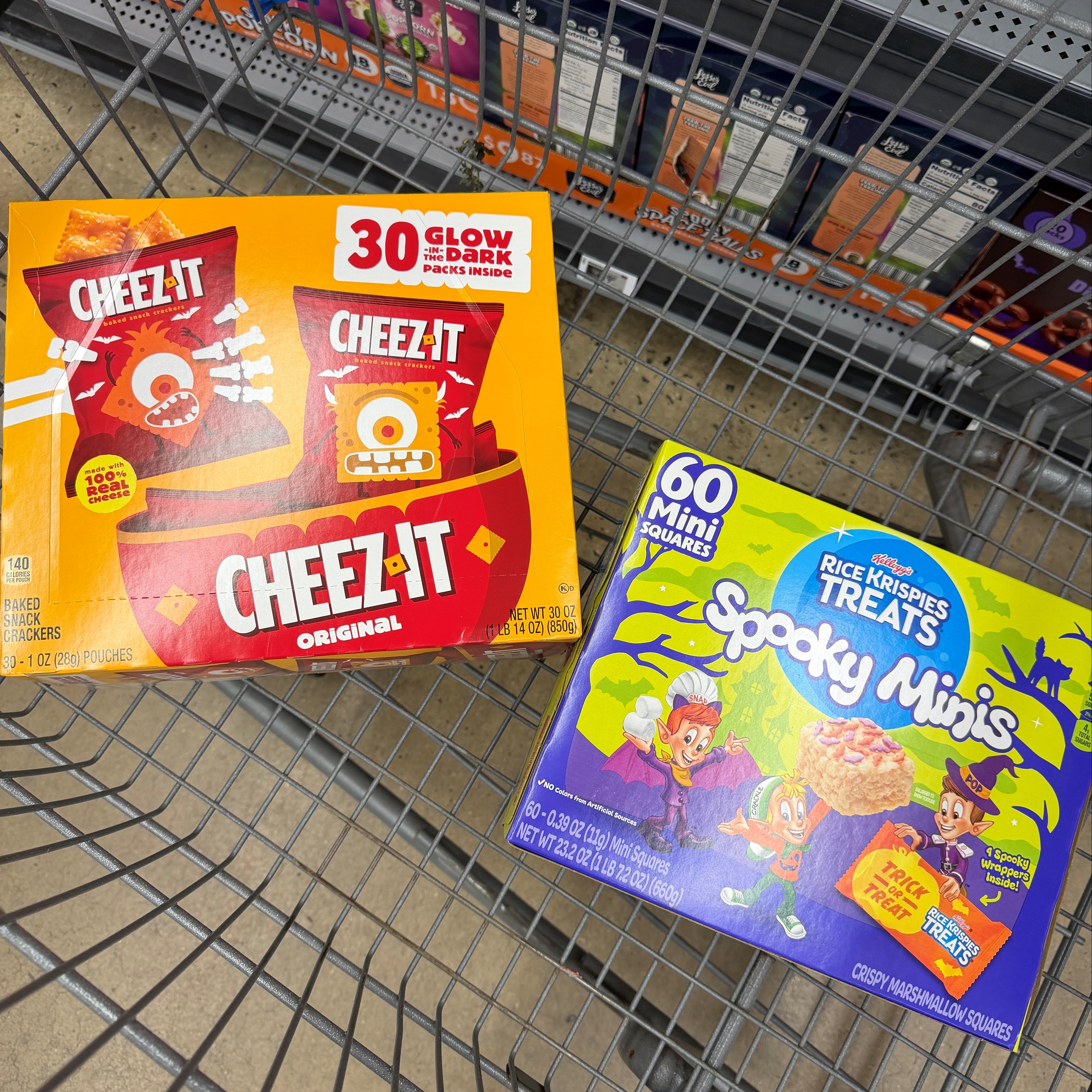 Shopping cart with Cheez-It and Rice Kirspies