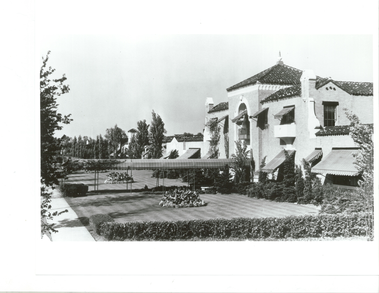 Black and white photo of a Spanish revival style building