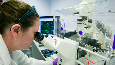 Scientist looking through a microscope