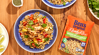 Aerial view of a dinner table with a Ben's Original dish and packaging