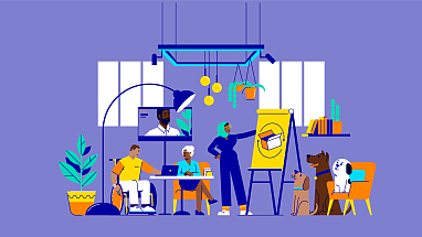 Illustration of coworkers and pets