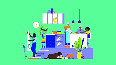 Illustration of family and pets together in a kitchen