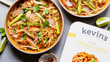 Bowl of noodles and vegetables with lemongrass chicken from Kevin's Natural Foods