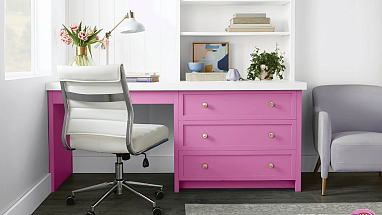 A home office desk painted Hubba Bubba Pink
