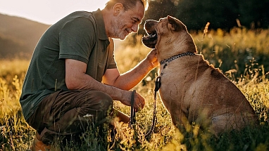 mężczyzna na zewnątrz z psem