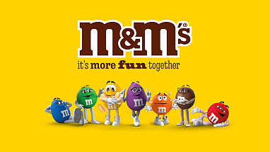 M&M'S character lineup with M&M'S logo and yellow background