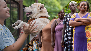 Scientist, woman holding her dog, and group of women
