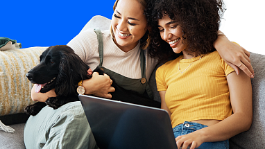 Two women and a dog on a sofa looking at a laptop. The image has text that reads: "Renting with Pets in England". Also visible are the logos for Mars, Battersea, and the Better Cities for Pets program.