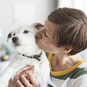 A person kissing their dog