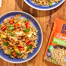 Aerial view of a dinner table with a Ben's Original dish and packaging