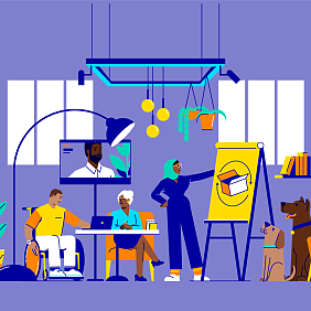 Illustration of coworkers and pets