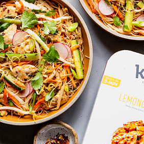 Bowl of noodles and vegetables with lemongrass chicken from Kevin's Natural Foods
