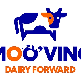 Moo'ving Dairy Forward logo with an illustration of a cow