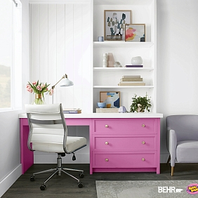 A home office desk painted Hubba Bubba Pink