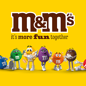 M&M'S character lineup with M&M'S logo and yellow background