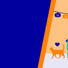 Animated person, dog and cat with blue and orange halloween banner
