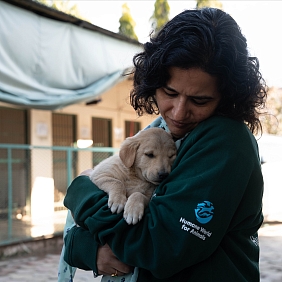 Woman holding a puppy