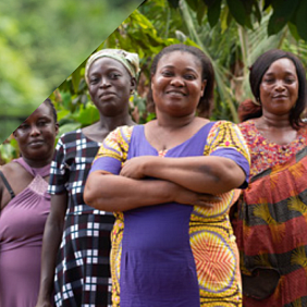 Scientist, woman holding her dog, and group of women