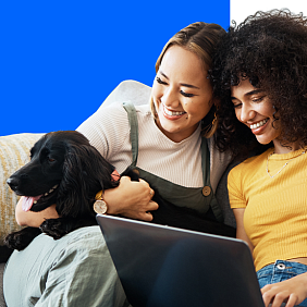 Two women and a dog on a sofa looking at a laptop. The image has text that reads: "Renting with Pets in England". Also visible are the logos for Mars, Battersea, and the Better Cities for Pets program.