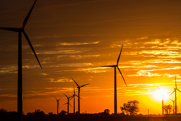 Wind turbines in a field with sun setting in the background